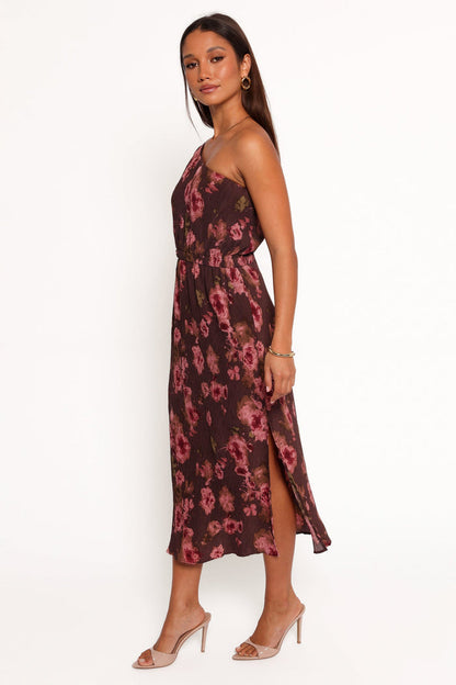 Petal and Pup USA DRESSES Pontee One Shoulder Pleated Midi Dress - Chocolate Brown