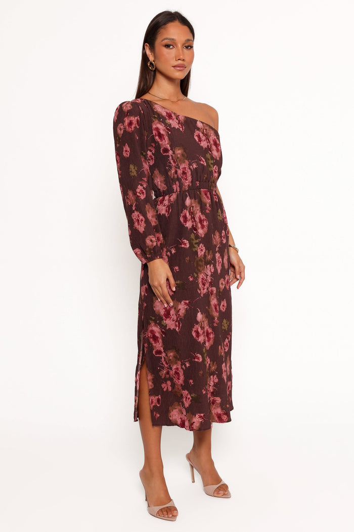 Petal and Pup USA DRESSES Pontee One Shoulder Pleated Midi Dress - Chocolate Brown
