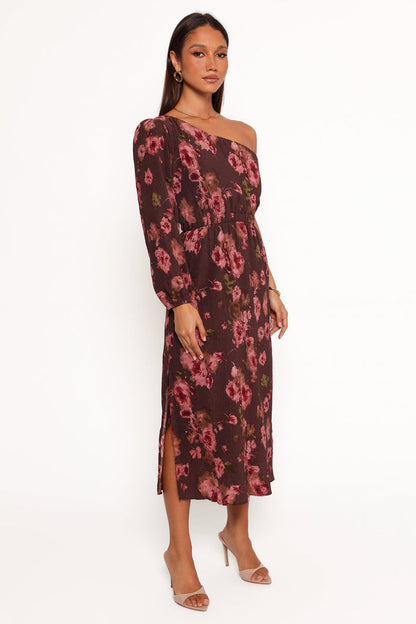 Petal and Pup USA DRESSES Pontee One Shoulder Pleated Midi Dress - Chocolate Brown