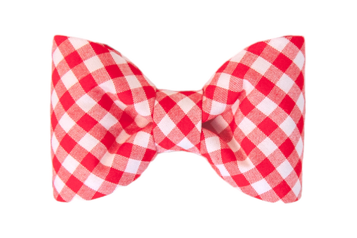 Red plaid dog bow tie with a crisp checkered pattern in alternating squares. The bow tie comes together in the middle  with a tightly cinched center, and has gently curved sides, giving it a balanced, tailored appearance suitable for everyday wear or special occasions.