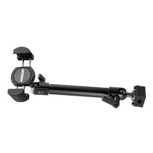 The RoadVise® Phone Holder with Car Headrest Mount features a black adjustable design with a clamp and spring-loaded grip to securely hold your device for backseat entertainment in the car.