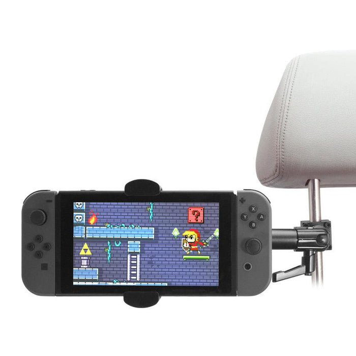 A RoadVise® Phone Holder with Car Headrest Mount holds a phone displaying a pixel art platformer, where a sword-wielding hero explores vibrant worlds—perfect backseat entertainment for gaming on the go.