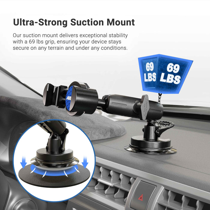 The RoadVise® Phone Holder with Sticky Suction Mount and Shaft attaches securely to car dashboards, supporting devices with ultra-strong 69 LBS suction—ideal for beauty content creators or makeup artist phone setups.