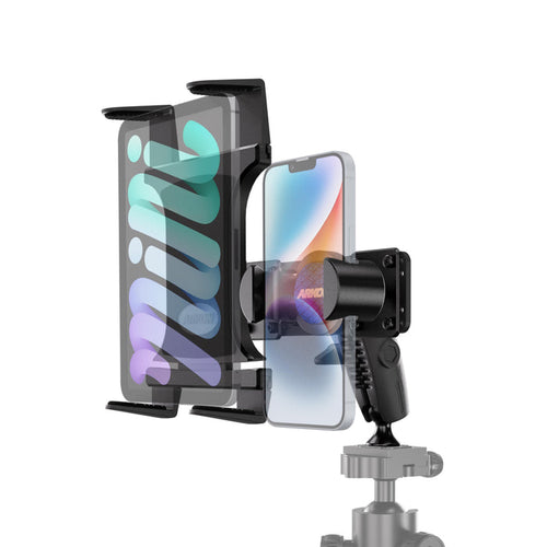 A phone and a tablet are mounted side by side in Arkon Mounts’ Robust® Shaft Phone & Tablet Holder Pedestal for Camera Tripods (featuring RoadVise® + Slim-Grip®), shown in black and attached to a tripod, with semi-transparent overlays highlighting the device positions.