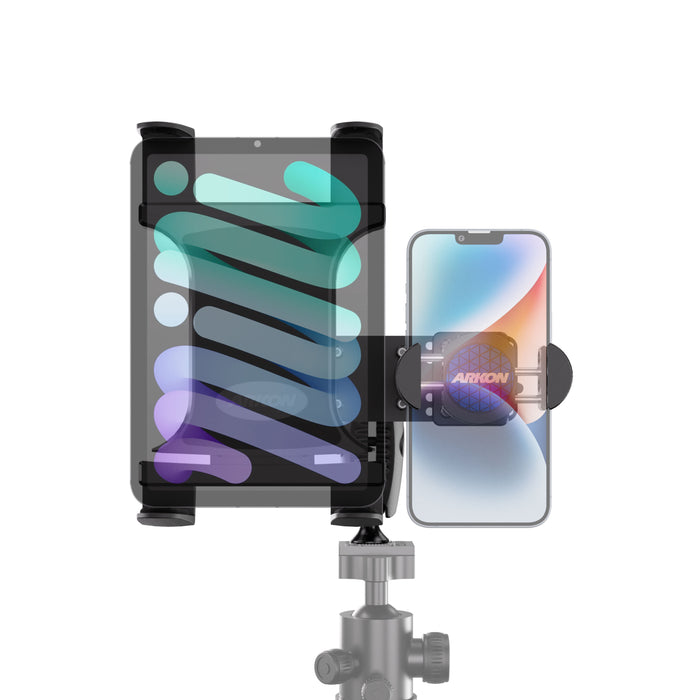 The Arkon Mounts Robust® Shaft Phone & Tablet Holder Pedestal for Camera Tripods (featuring RoadVise® + Slim-Grip® holders) securely holds a tablet and a smartphone side by side in separate clamps on an adjustable stand, making it ideal for content creators or dual live streaming when mounted on a tripod head.