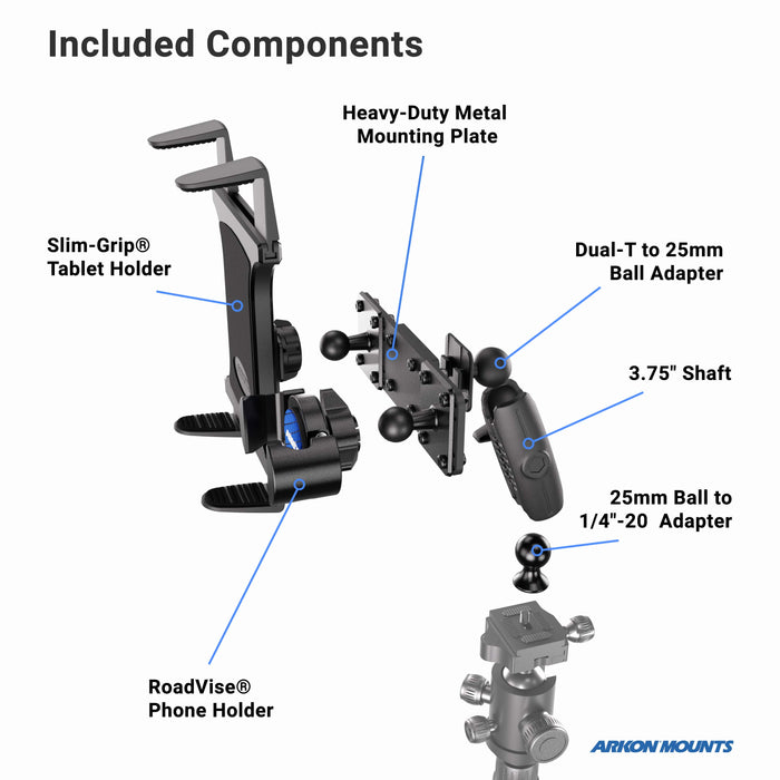 Diagram of Arkon Mounts components including a tablet holder, phone holder, and various adapters on a white background.