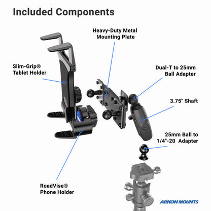 Diagram of Arkon Mounts components including a tablet holder, phone holder, and various adapters on a white background.