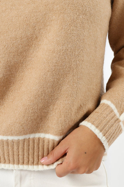 Petal and Pup USA KNITWEAR Rylee Contrast Hem Knit Sweater - Camel