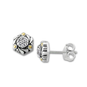 Samuel B Sterling Silver and 18K gold Pave White Topaz stud Wave earrings, handcrafted in Bali by our skilled artisans. From our signature collection, Royal Bali™ featuring designs handcrafted using sterling silver and genuine gemstones.