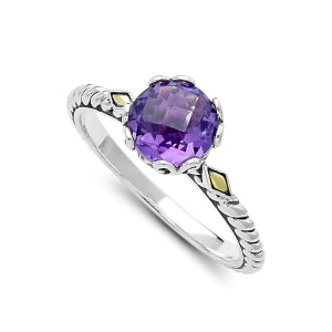 Our Sterling Silver and 18k birthstone ring in amethyst, handcrafted in Bali by our skilled artisans. From our signature collection, Royal Bali™ featuring designs handcrafted using sterling silver, solid 18k gold accents and genuine gemstones. The February birthstone, Amethyst, is said to strengthen relationships and give its wearer courage. At one time, only royalty could wear the gem.