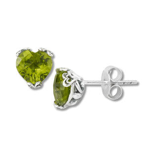 Samuel B. Sterling Silver 7mm Heart Shaped Peridot Stud Earrings. Our Sterling Silver peridot heart shaped earrings are handcrafted in Bali by our skilled artisans. From our signature collection, Royal Bali™ featuring designs handcrafted using sterling silver and genuine gemstones.