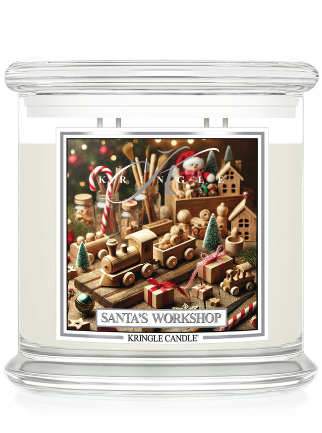 Kringle Candle’s Santa’s Workshop, featuring a festive label with wooden toys, candy canes, and holiday decor, 4-wick.