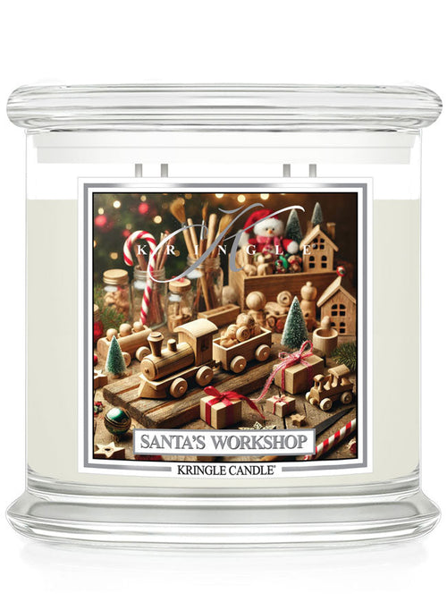 Kringle Candle’s Santa’s Workshop, featuring a festive label with wooden toys, candy canes, and holiday decor, 4-wick.