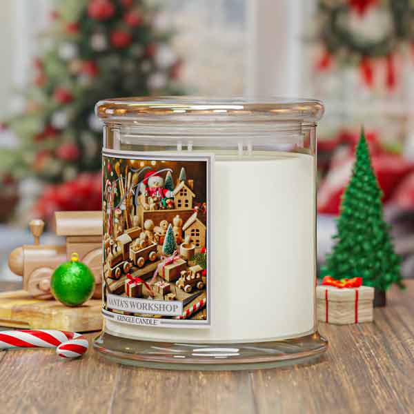 Christmas-themed candle with a decorative label on a festive background