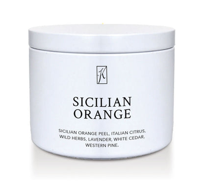 White tin candle container with 'Sicilian Orange' fragrance description on a white background