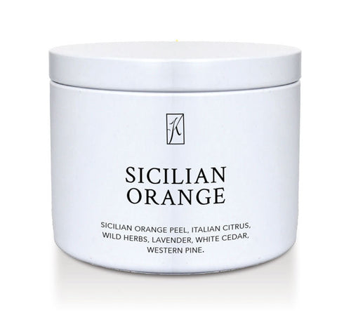 White tin candle container with 'Sicilian Orange' fragrance description on a white background