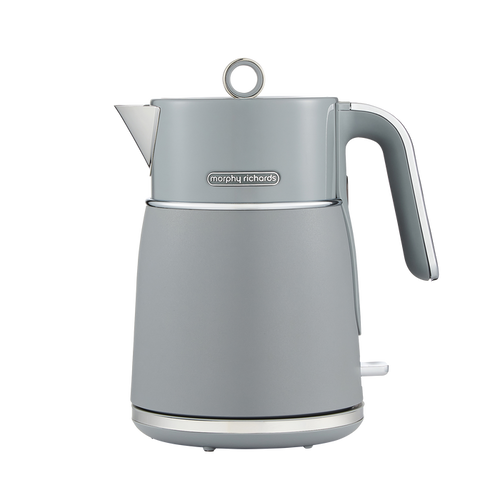Grey electric kettle with a visible Morphy Richards brand logo on a white background