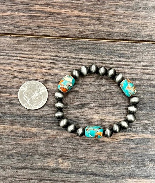Silver Beaded Turquoise Stretch Bracelet