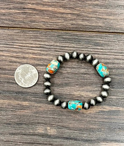 Silver Beaded Turquoise Stretch Bracelet