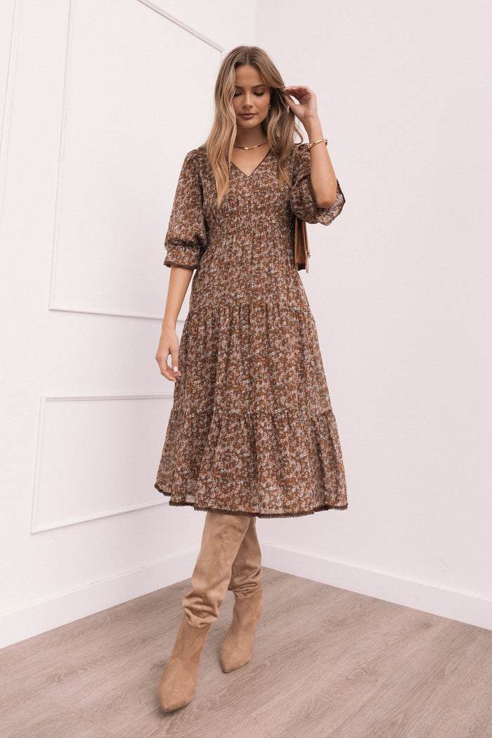 Petal and Pup USA DRESSES Simone Midi Dress - Camel