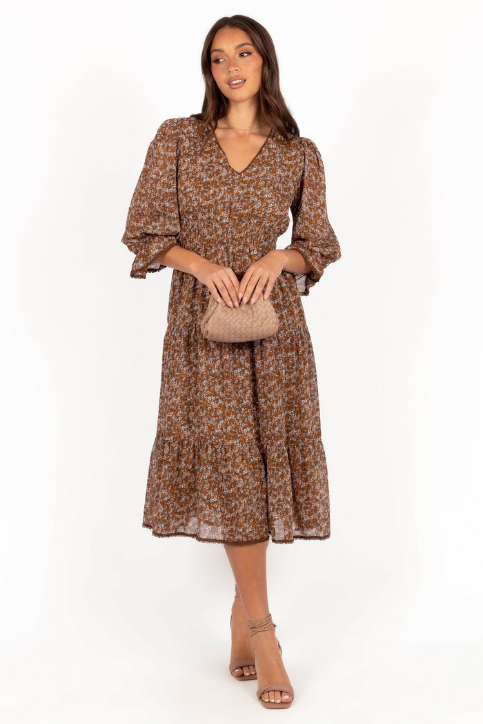 Petal and Pup USA DRESSES Simone Midi Dress - Camel