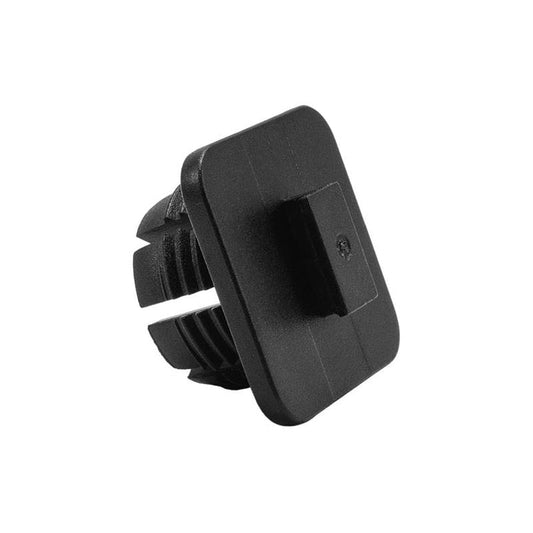 The Single-T SBH Head Adapter is designed for Scosche, Bracketron, and XM Satellite Radio holders, featuring a black plastic build with a square end, ridged sides, and a central raised section for single T-slot mounting.