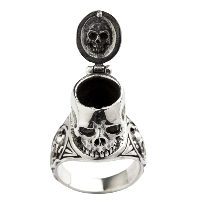 A powerful Memento Mori poison ring, a classic symbol of secrets and mortality in gothic jewelry.