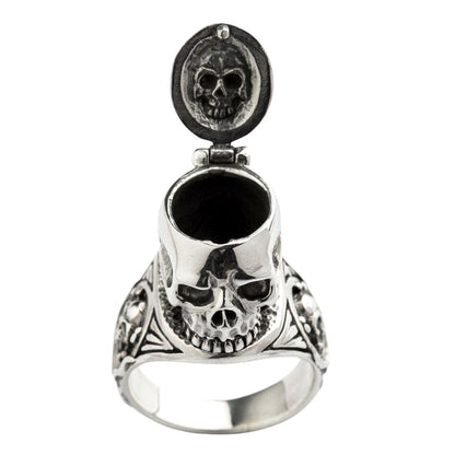 A powerful Memento Mori poison ring, a classic symbol of secrets and mortality in gothic jewelry.
