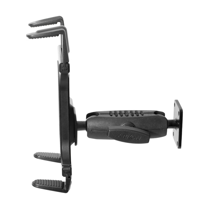 The Slim-Grip® Tablet Holder with Metal Drill Base Mount features a black adjustable bracket, clamp mechanism, swiveling arm, and textured jaws for a secure grip—ideal for mounting tablets or devices with AMPS compatibility.
