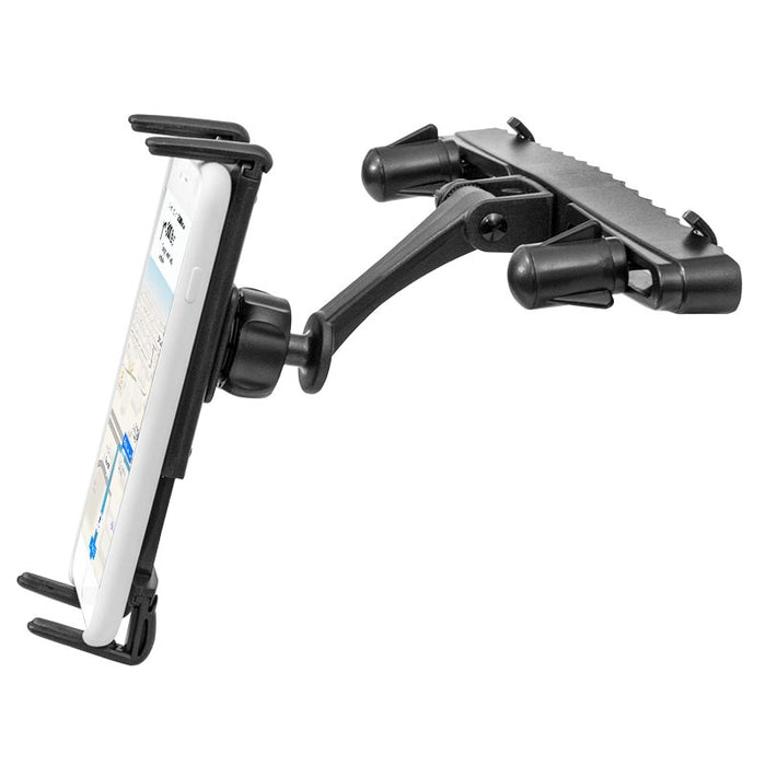 The Slim-Grip® Ultra Car Headrest Mount securely holds iPad, Note, and more in landscape mode with an adjustable arm, attaching to a car’s headrest—ideal for rear seat entertainment or as a convenient tablet holder.