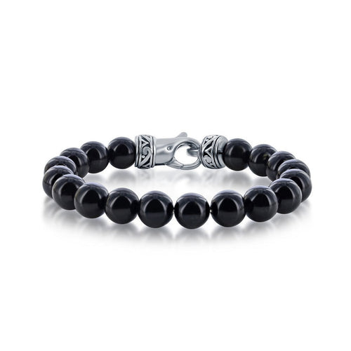 Stainless Steel 10mm Genuine Onyx Bead Bracelet, 8.5".