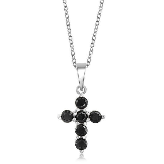 Sterling Silver Black Sapphire Cross Pendant  on adjustable 16+2" Sterling Silver Chain.
