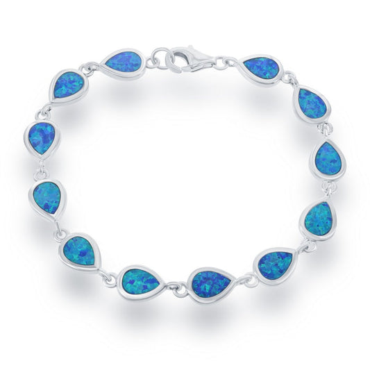 Sterling Silver Teardrop Created Blue Inlay Opal Bracelet, 7".