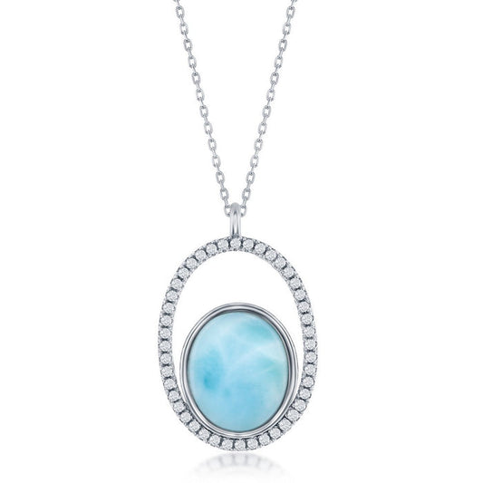 Sterling Silver Open Oval with Cubic Zircona with Oval Blue Larimar and adjustable 16+2" Sterling Silver Chain.