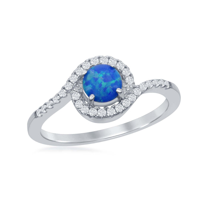 Sterling Silver Created Blue Opal Inlay CZ Halo Ring, Size 6 (90826)