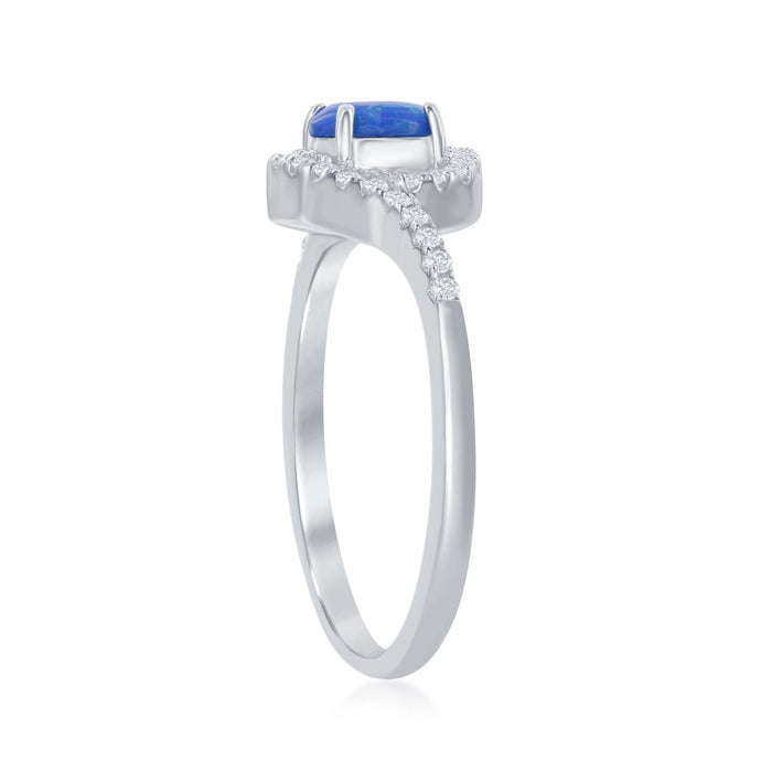 Sterling Silver Created Blue Opal Inlay CZ Halo Ring, Size 6 (90826)