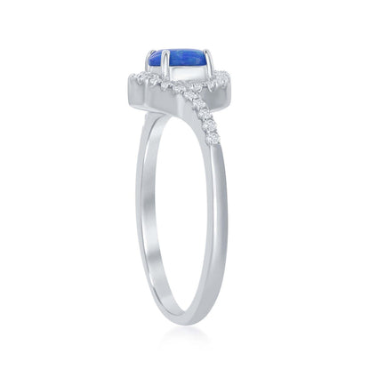 Sterling Silver Created Blue Opal Inlay CZ Halo Ring, Size 6 (90826)