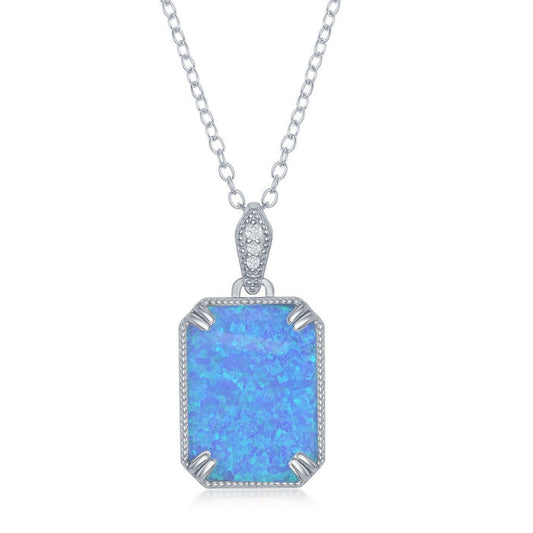 Sterling Silver Rectangle Shaped Created Blue Opal Pendant with Cubic Zirconia Accents on 18" Sterling Silver Chain.
