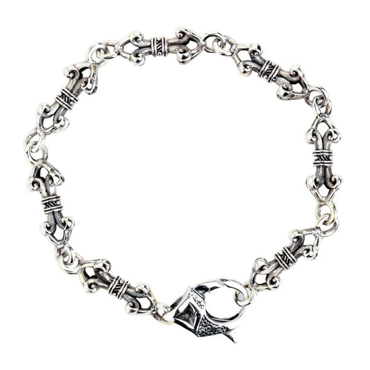 Full view of sterling silver dorje bracelet showing intricate link pattern