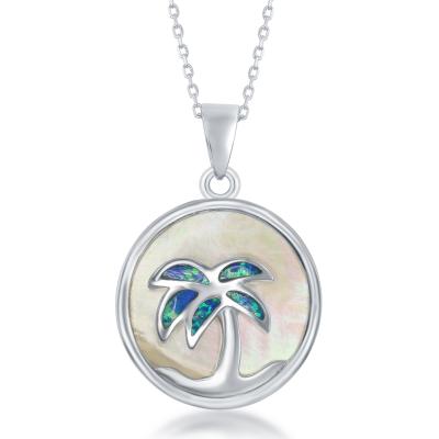Sterling Silver Mother of Pearl and Created Opal Inlay Palm Tree Necklace