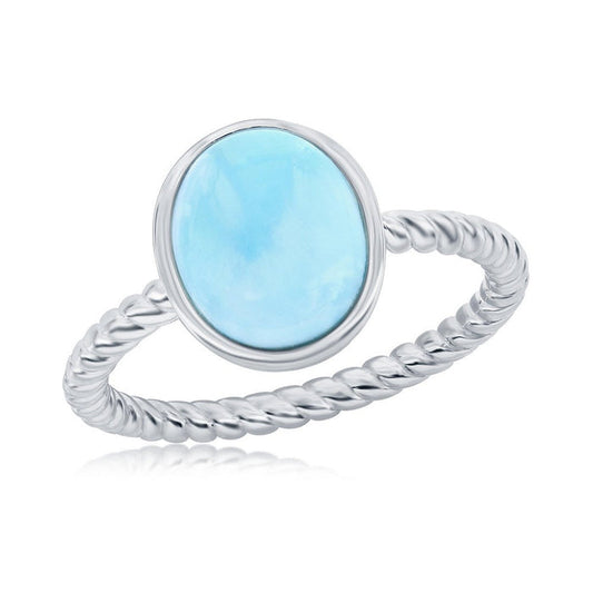 Sterling Silver Oval Larimar Ring with a Rope Design Shank.