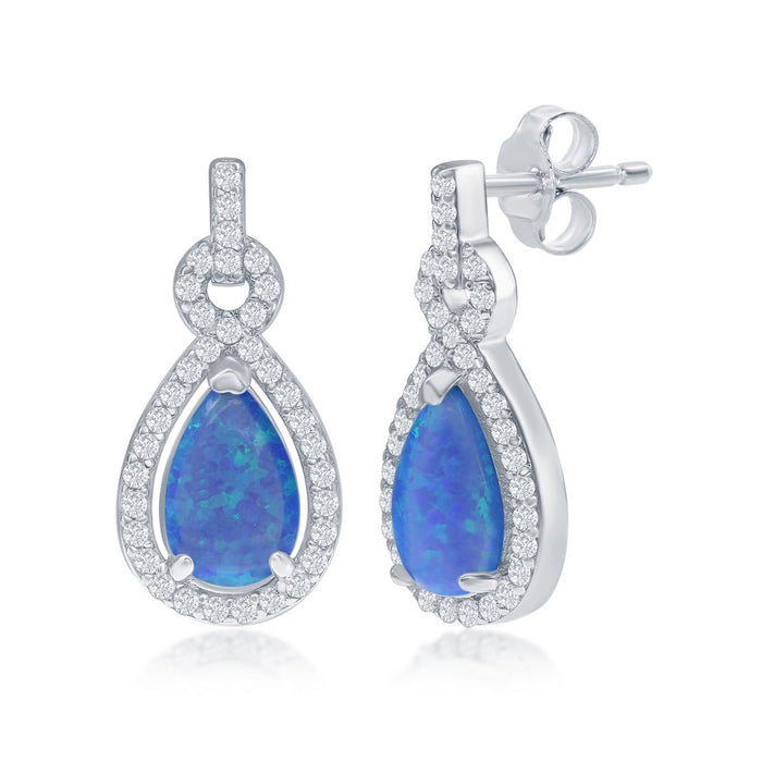 Sterling Silver Stud Earrings with Pear Shaped Created Blue Opal and CZ Halo.