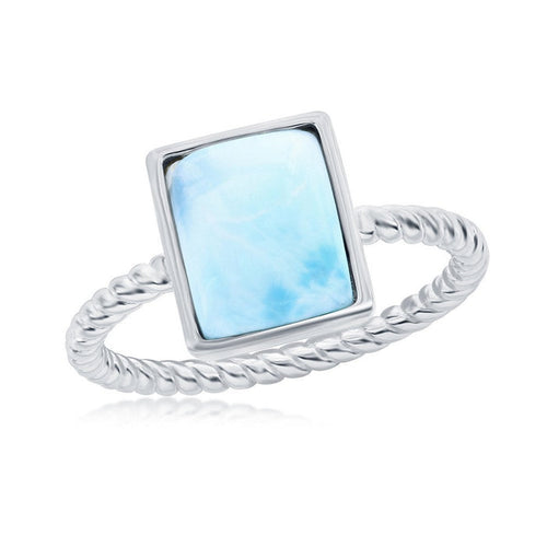 Sterling Silver Rectangle Shaped Larimar Ring with a Rope Design Shank, Size 6.