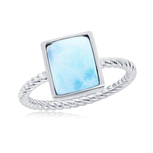 Sterling Silver Rectangle Shaped Larimar Ring with a Rope Design Shank, Size 6.