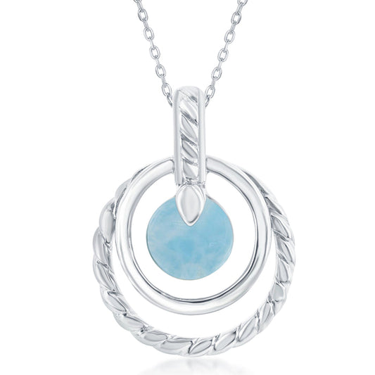 Sterling Silver Rope Design Larimar Double Circle Pendant with Sterling Silver Chain (90804)