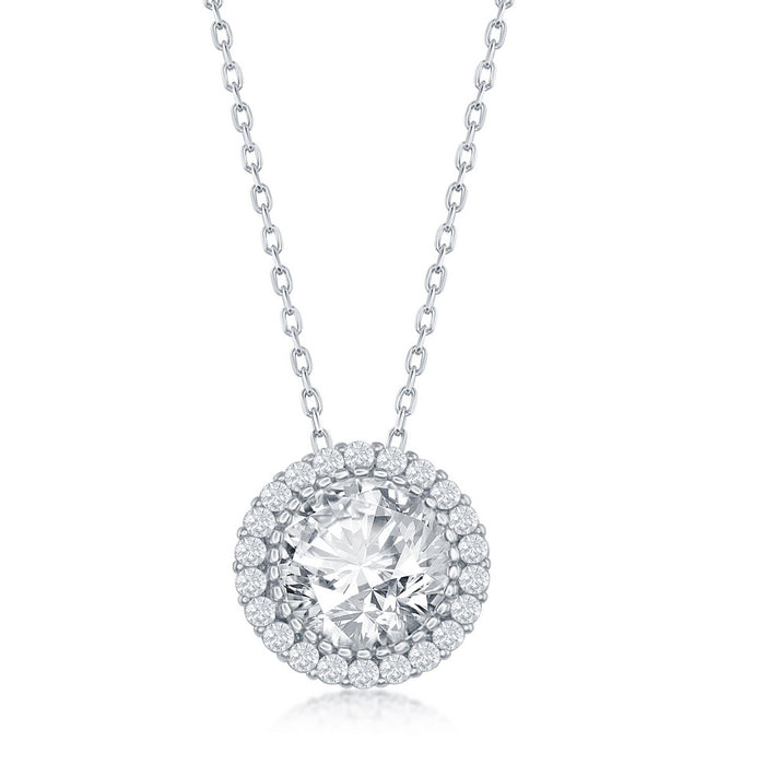 Sterling Silver Round Halo CZ Necklace on adjustable 16+2" Sterling Silver Chain.