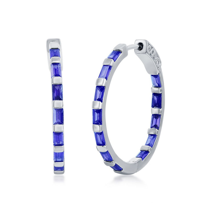 Sterling Silver Hoop Earrings with Sapphire Blue Baguette Cubic Zirconia Accents.
