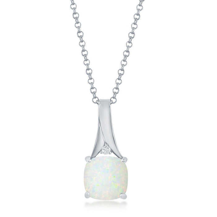 Sterling Silver Square Shaped Created White Opal with Cubic Zirconia Accent Pendant on 18" Sterling Silver Chain.