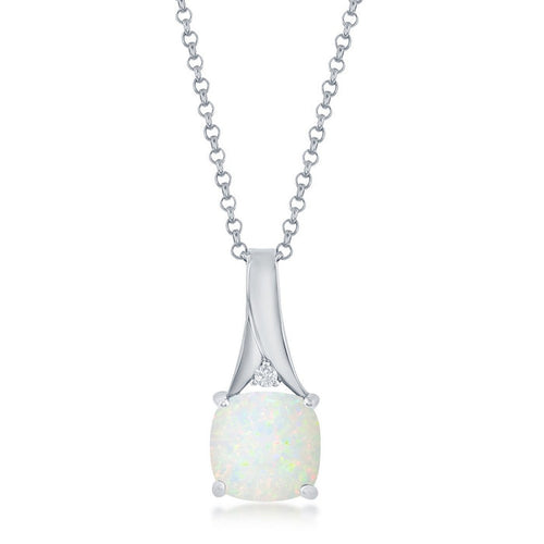 Sterling Silver Square Shaped Created White Opal with Cubic Zirconia Accent Pendant on 18" Sterling Silver Chain.