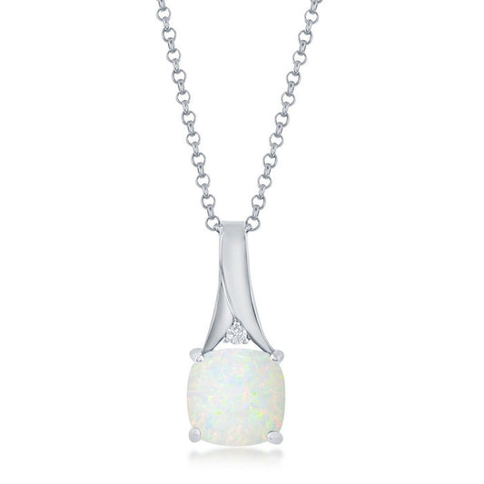Sterling Silver Square Shaped Created White Opal with Cubic Zirconia Accent Pendant on 18" Sterling Silver Chain.